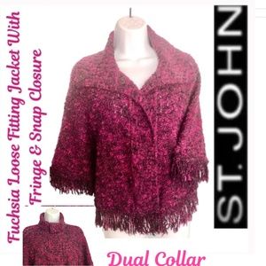 St. John Loose Fitting Fuchsia Jacket With Fringe & Snap Closure